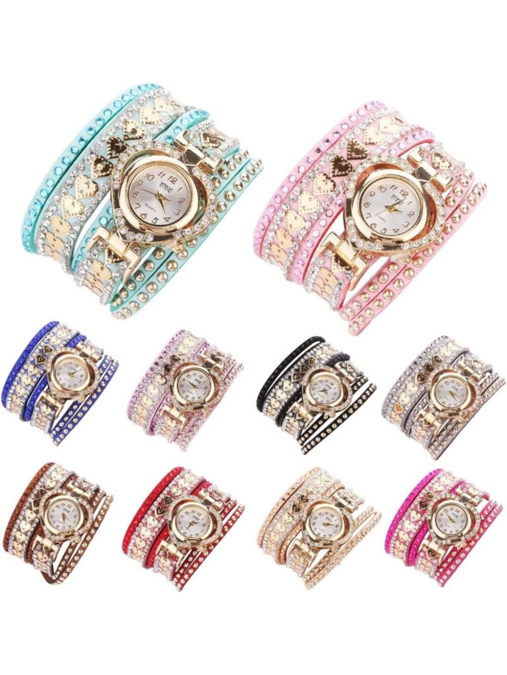Chic Heart-Shaped Rhinestone Quartz Watches - 10 Pack Stylish Bracelet Wraps